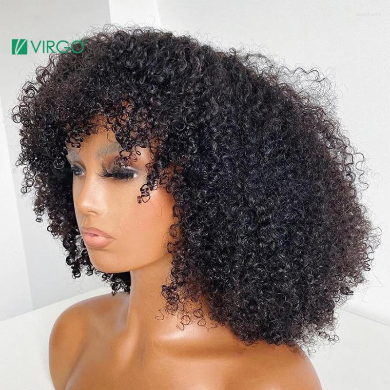 

Virgo Mongolian Afro Kinky Curly Lace Front Human Hair Wigs With Bangs 4B 4C Short 13x4 Frontal Bob Cut Wig Remy, 4x4 closure wig