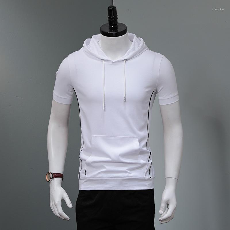 

Men's T Shirts Hooded T-Shirt Men Summer Cotton Striped Tshirt Casual White Short Sleeve Clothing, Black