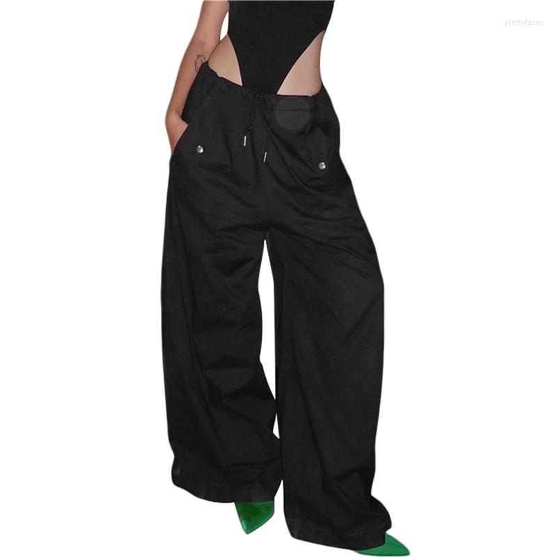 

Women' Pants Xingqing Wide Leg For Women Y2k Aesthetic Solid Color Drawstring Low Waist Trousers 2000s Cargo Sweatpants With Pockets, As photo shows