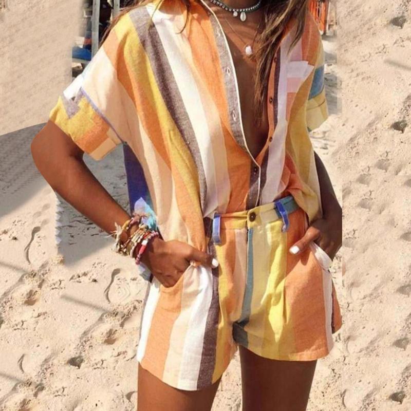 

Women' Tracksuits Women 2 Piece Set Short Sleeve Striped Shirt Shorts Sets 2023 Summer Beach Color Matching Pocket Lapel Suit Street Outfit, Ye