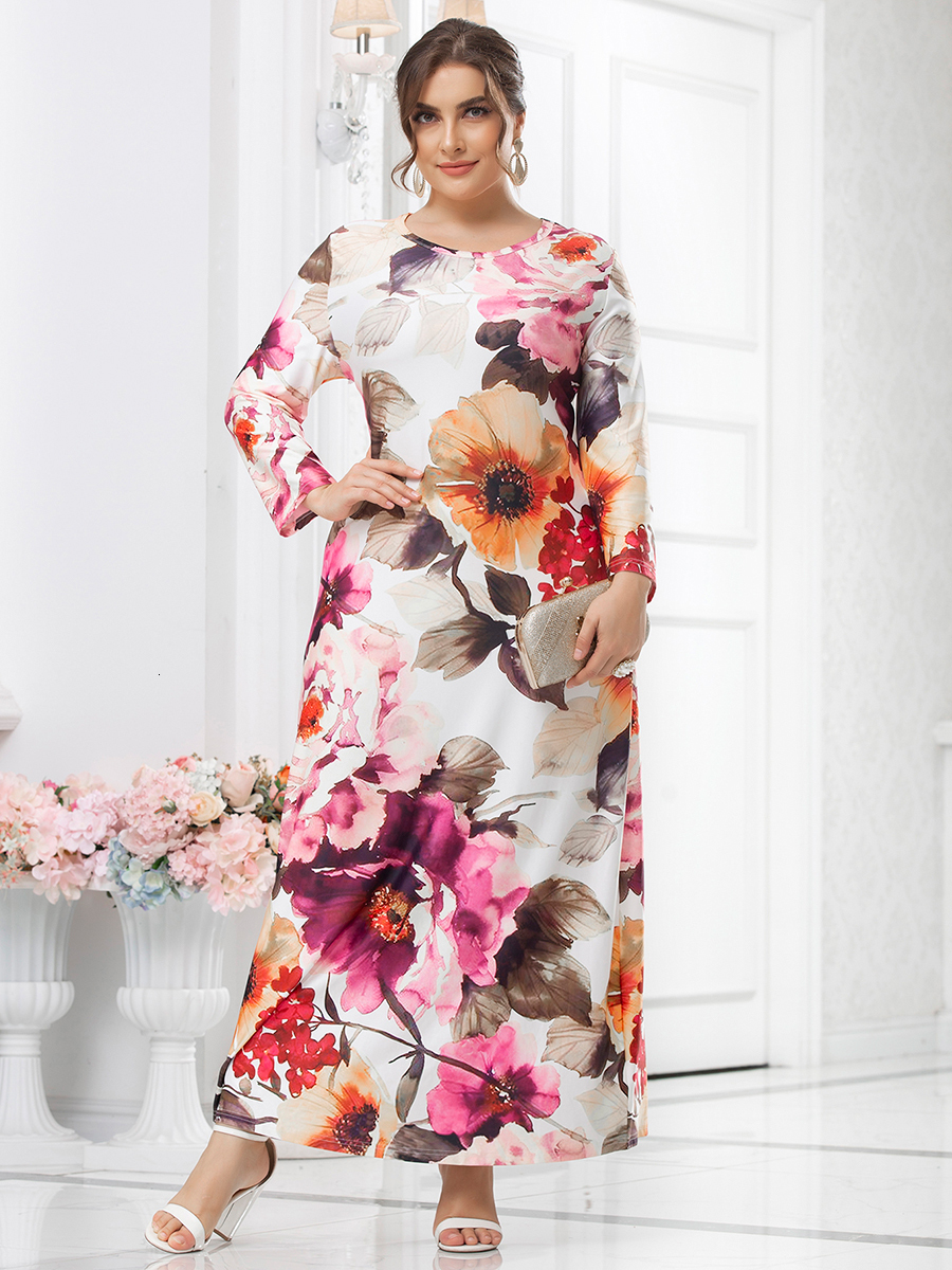 

Plus size Dresses 5XL Plus Size White Dress Women Spring Autumn Long Sleeve Floral Print Casual Dress Big Size Clothes Maxi Long Dresses 230203