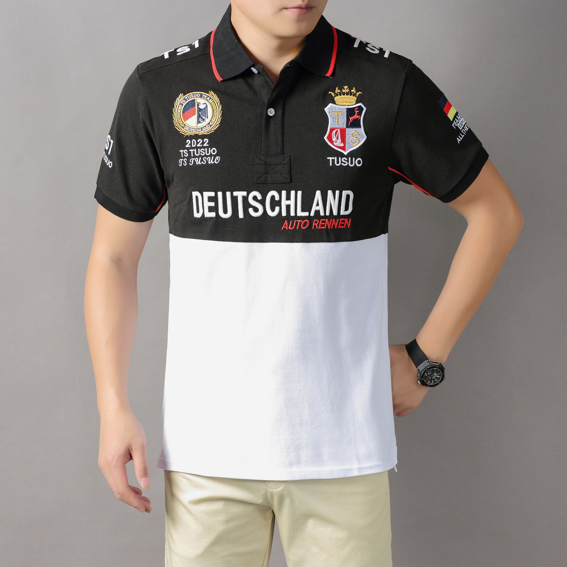 

2023 summer Men's Polos embroidered lapel New Crown New product black and white large size combed cotton short sleeve sports casual polo shirt men's Germany, 324-3