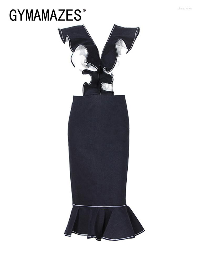 

Skirts GYMAMAZES Folds Minimalist For Women High Waist Patchwork Zipper Ruffles Temeprament Elegant Skirt Female Fashion Summer, Blue