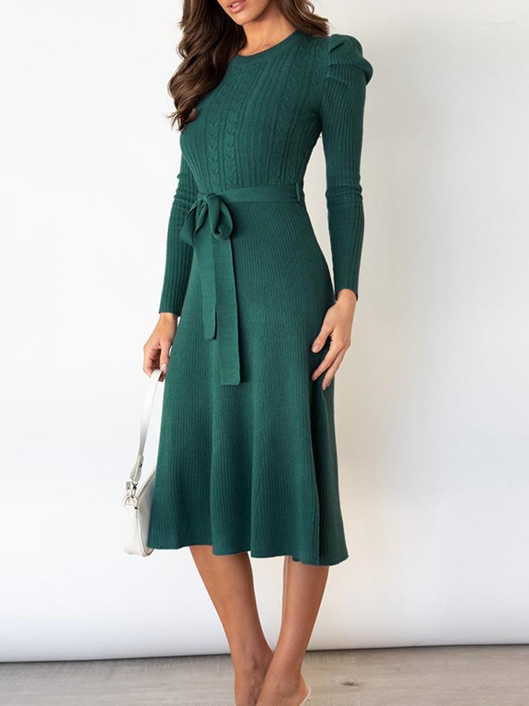 

Casual Dresses Women Knit Sweater Dress Slim Tie Bubble Long Sleeve Elegant Autumn Winter Midi Christmas Green Party Retro, Black