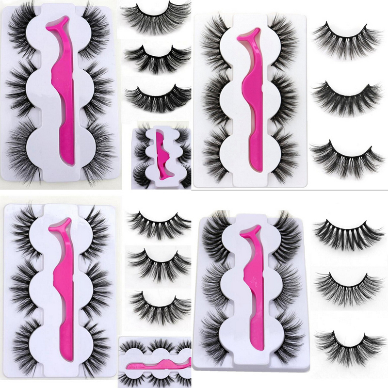 

3 pairs faux mink eyelashes with tweezers New 3 Pairs /set with 1pc tweezer Thick Wispy Long Fluffy Dramatic Lashes makeup