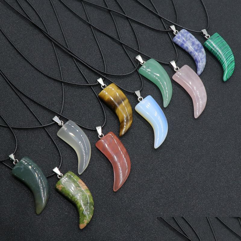 

Pendant Necklaces Natural Stone Gem Carved Ox Horn Shape Rose Quartz Crystal Jade Onyx Necklace Healing Guardian Jewelry For Dhgarden Dhpv2