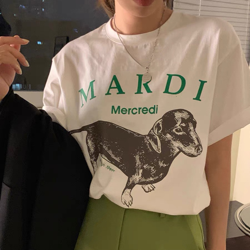 

Women' T-Shirt Elegant Summer T-Shirts Women O-Neck Short Sleeve Casual Top Tees Loose Vintage Korean Dachshund Dot Letter Print Tops 230202, Blue