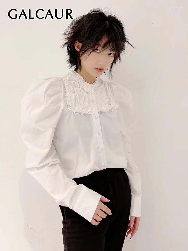 

Women's Blouses GALCAUR Minimalist Short Shirts For Women Round Neck Puff Sleeve Single Breasted Edible Tree Loose Female Summer, Black