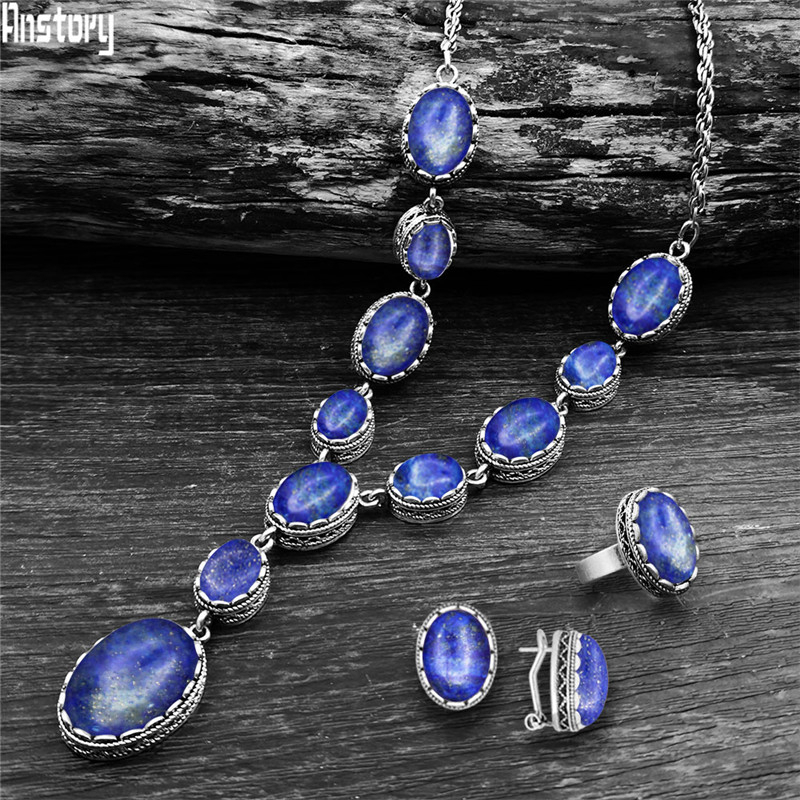 

Wedding Jewelry Sets Vintage Natural Lapis Lazuli Necklace Ring Stud Earring Antique Silver Plated Quartz Unakite Stone Set 230203