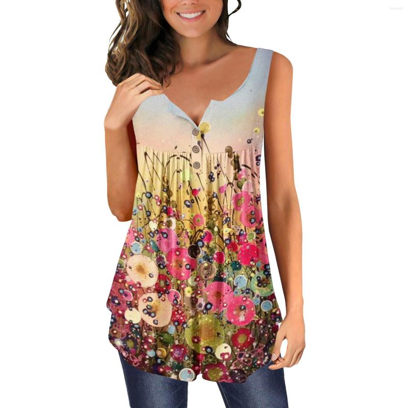 

Women's Tanks Flower Printed Tank Tops For Women Vintage Female Vest Button Round Neck Sleeveless Casual Clothing, Red