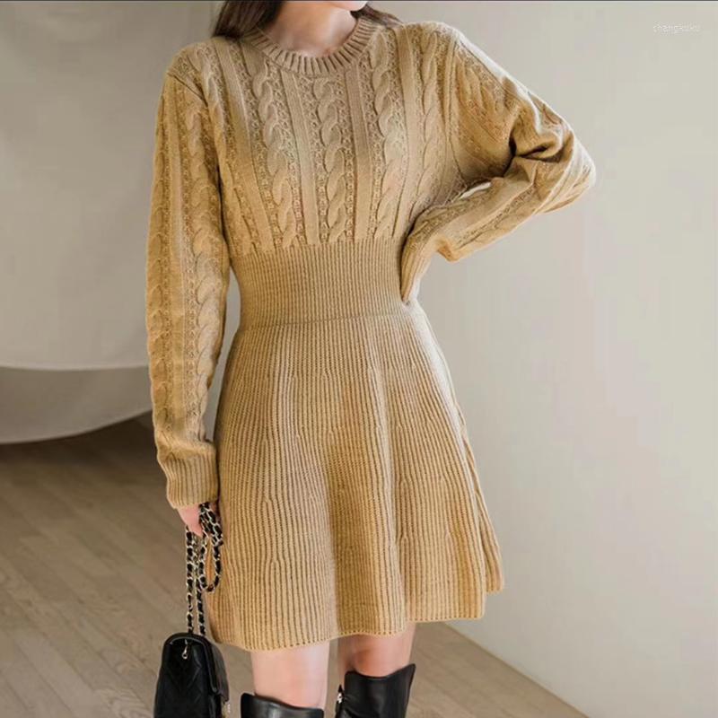 

Casual Dresses 2023 Autumn Winter Knitted Sweater Long Sleeve Female Dress Chic And Elegant Woman Fashion Solid Short Office, Khaki