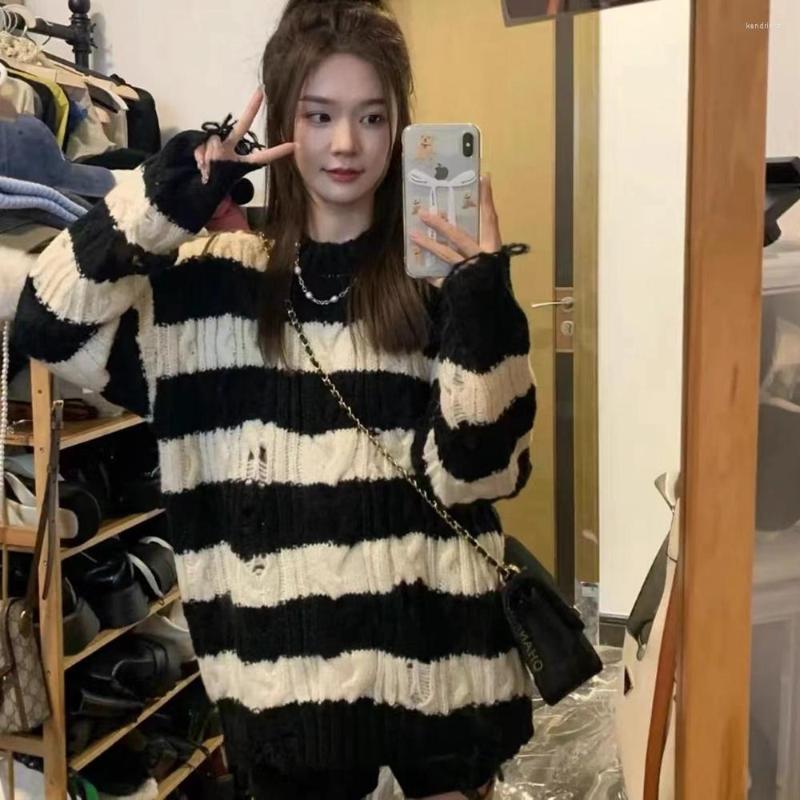 

Women's Sweaters Combhasaki Women Y2K Vintage Frayed Spring Autumn 2023 Ripped Knitted Sweater Long Sleeve O Neck Striped Knitwear Loose, Black