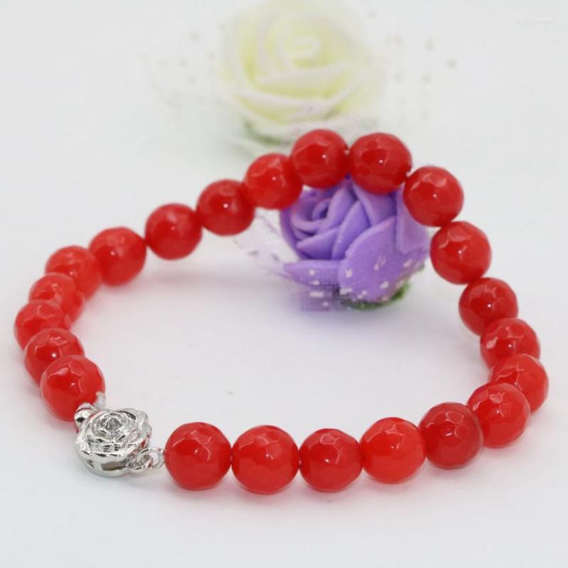 

Strand Fashion Cute Silver-color Flower Clasp Red Jades Chalcedony Stone Faceted Round 8mm Beads Bracelets Party Gifts7.5inch B2707