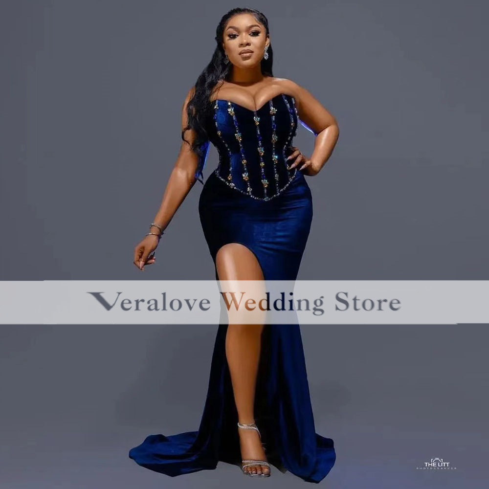 

Nigerian Mermaid Prom Dresses Beading Sweetheart Occasion Party Dress For Women 2023 High Split Evening Gowns, Blue