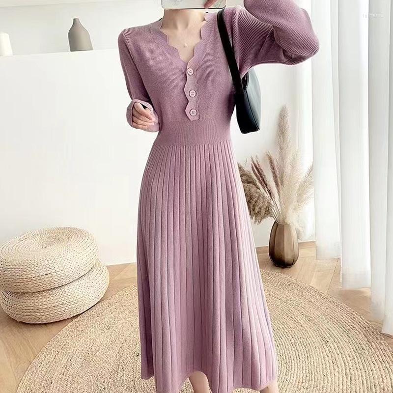 

Casual Dresses V-neck Knitted Long Sleeved One-piece Dress For Women In Autumn And Winter 2023 Medium Wool Knee Length Skirt, Black