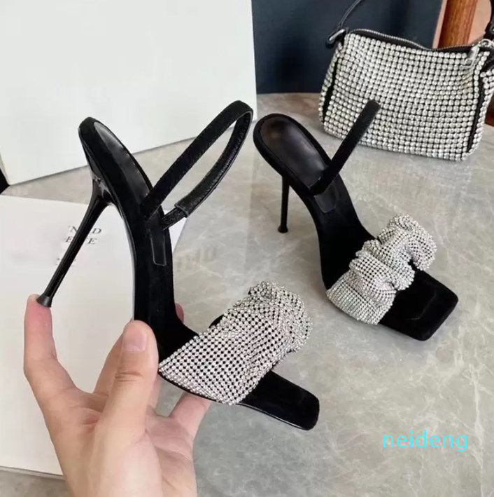 

Designer Leather soft heels sandal slippers Flash drill Sequined Cloth Women shoes Super High heeled sandals Nubuck shoe, Black
