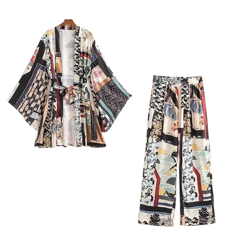 

Women's Sleepwear Long Sleeve Pants Pajamas Set Summer Print Vintage Vneck Kimono 2 Pieces Pijama Home Suit 230203, Trousers