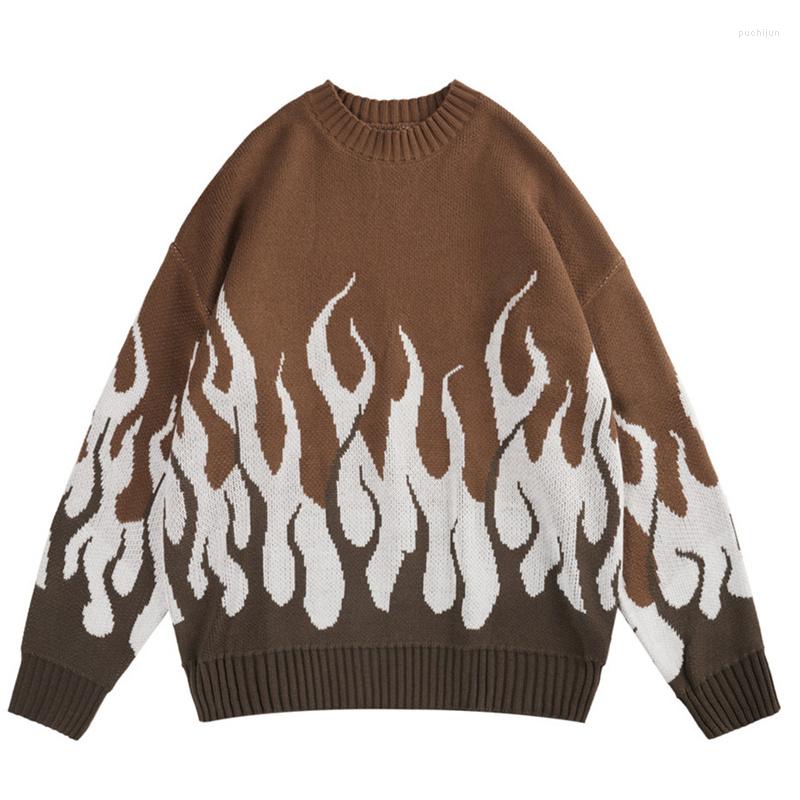

Men's Sweaters Y2K 2023 Vintage Knitted Sweater Streetwear Hip Hop Fire Flame Knit Harajuku Punk Gothic Casual Loose Jumpers Pullovers, Black