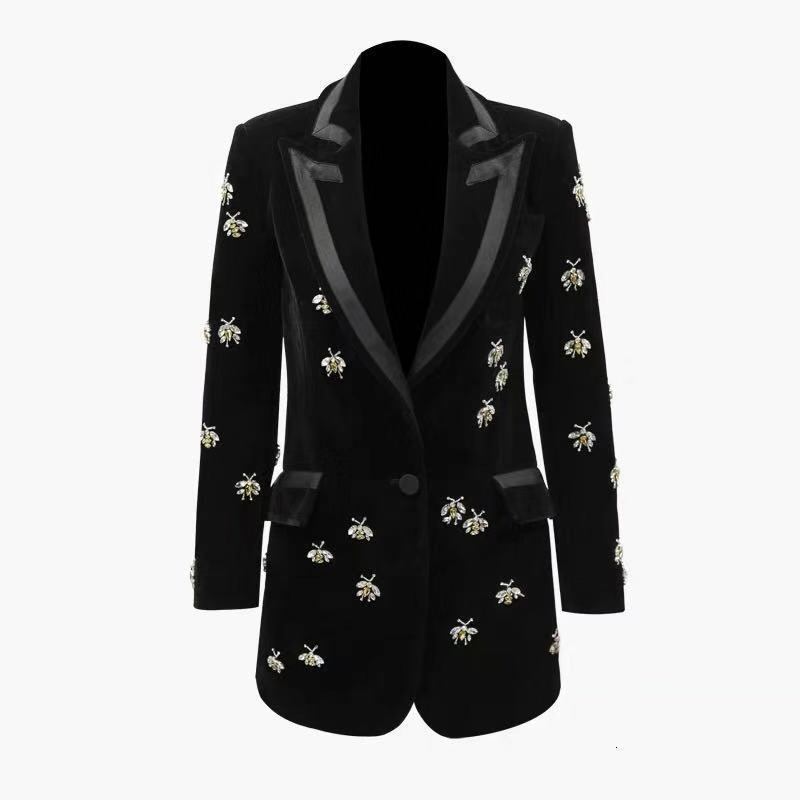 

Women' Suits Blazers Luxurious Designing Novelty Runway Handmade Bees Beading Notched High Street Women Velvet Long Qaulity Trend Blazer 230203, Black