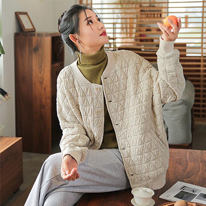 

Women's Polos Autumn And Winter Cotton-padded Clothes Loose Coat Cotton Linen Short Embroidery Floral Clip Warm, Beige