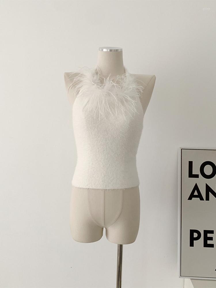 

Women' Tanks Women Korean Fashion Solid Color Knit Vest Halter Crop Tops Stretch Backless Sleeveless Streetwear Design Gyaru Tide, Black