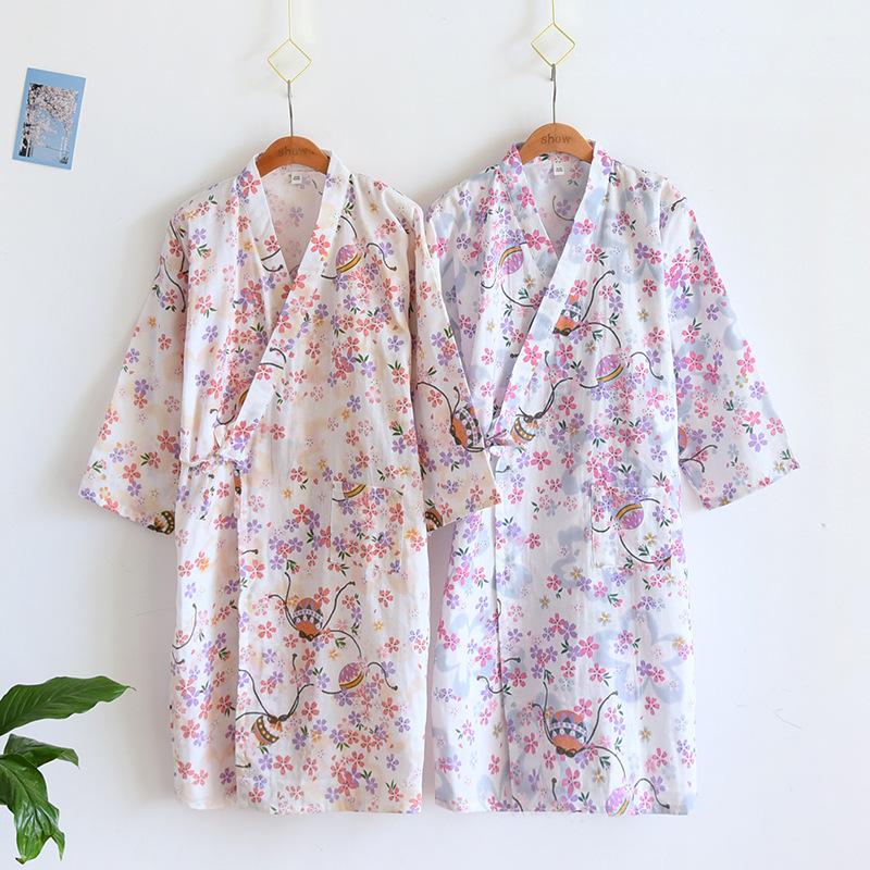 

Women's Sleepwear Summer Cotton Gauze Kimono Robe 2023 Spring Autumn Thin Japanese Lace-up Flower Printed Home Bathrobe Peignoir Femme, Beige