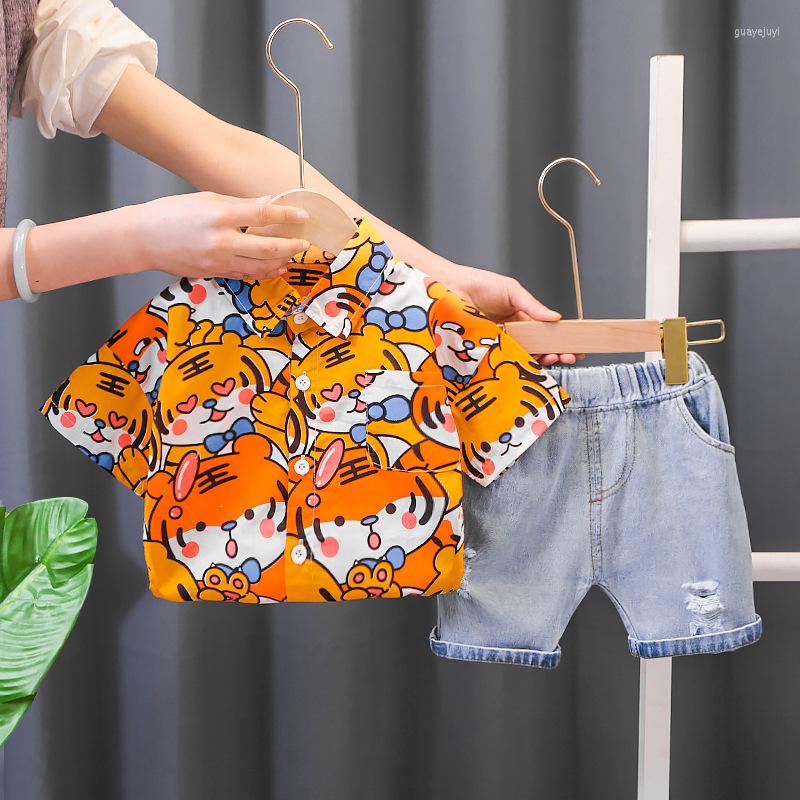 

Clothing Sets Printed Tiger Summer Boutique Set Boys Lapel Cartoon T-shirt With Denim Shorts 2PCS Fashion Daily Wear Kids Cute Cotton, Orange set