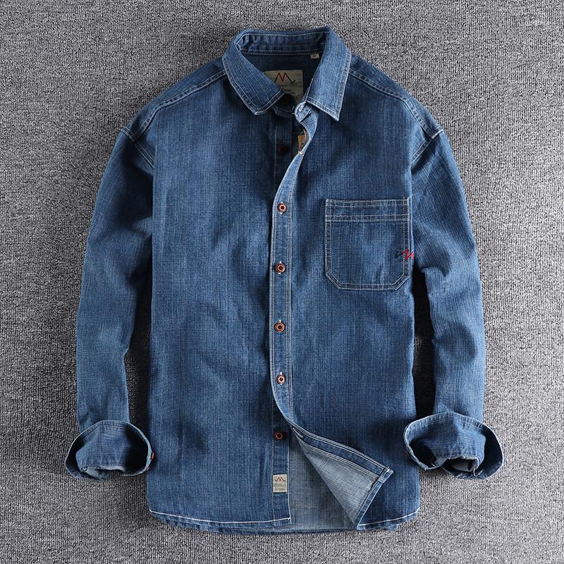 

Men's Casual Shirts Bright Line Design Simple Embroidery Pocket Jeans Shirt Long-sleeved Man-n Fashion Handsome Jacket, Light blue
