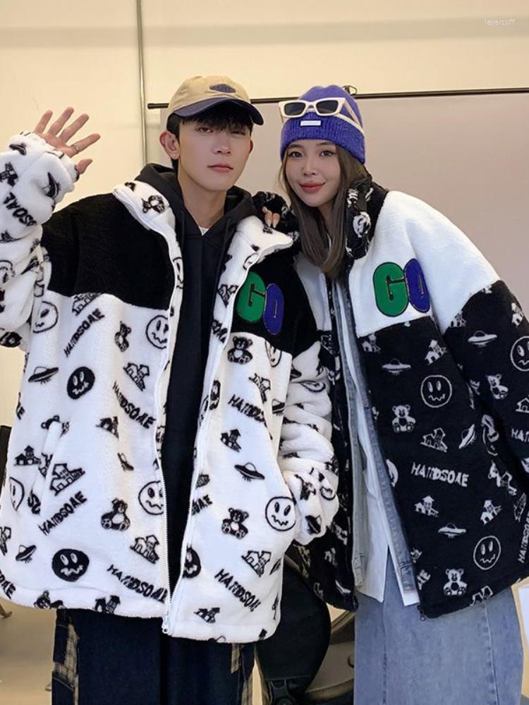 

Women' Jackets Harajuku Streetwear Fashion Graffiti Print Jacket Couple Stand Collar Zip Up Lamb Wool Coats 2023 Fall Winter Loose Casual, Khaki 3305
