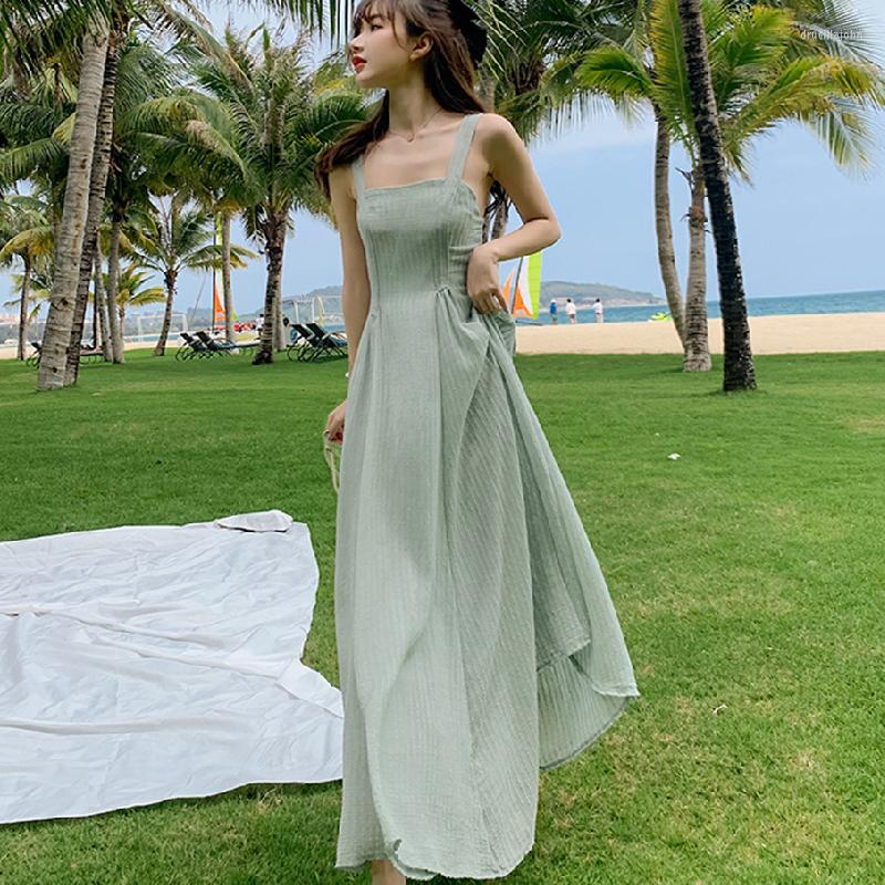 

Casual Dresses Summer 2023 Runway Elegant Party Dress Maxi Korean Tropical Beach Vacation Sundress Women Yellow Green Long Backless Slip