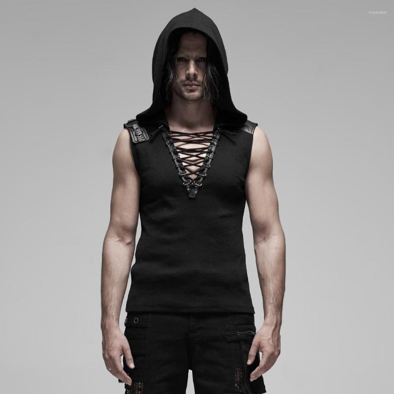 

Men's T Shirts PUNK RAVE Men Rib Metal Sleeveless T-shirt Deep V-neck Leather Loop Decoration Hooded Summer Casual Top, Black