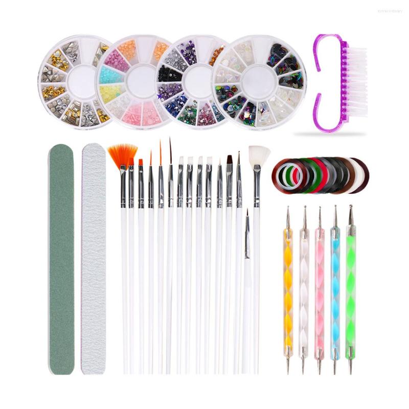 

Nail Art Kits Manicure Tool Set Kit With 15pcs Brushes 5 Dotting Pen 2 Nails File 4 Box Decoration Gem 10 Roller Strips NAK003