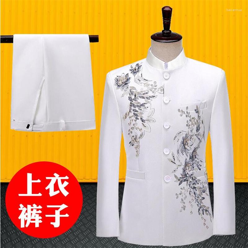 

Men's Suits Chinese Tunic Suit Blazer Men Jacket Choir Performance Costume Host Dress Trajes De Hombre Matrimonio Stand Collar White