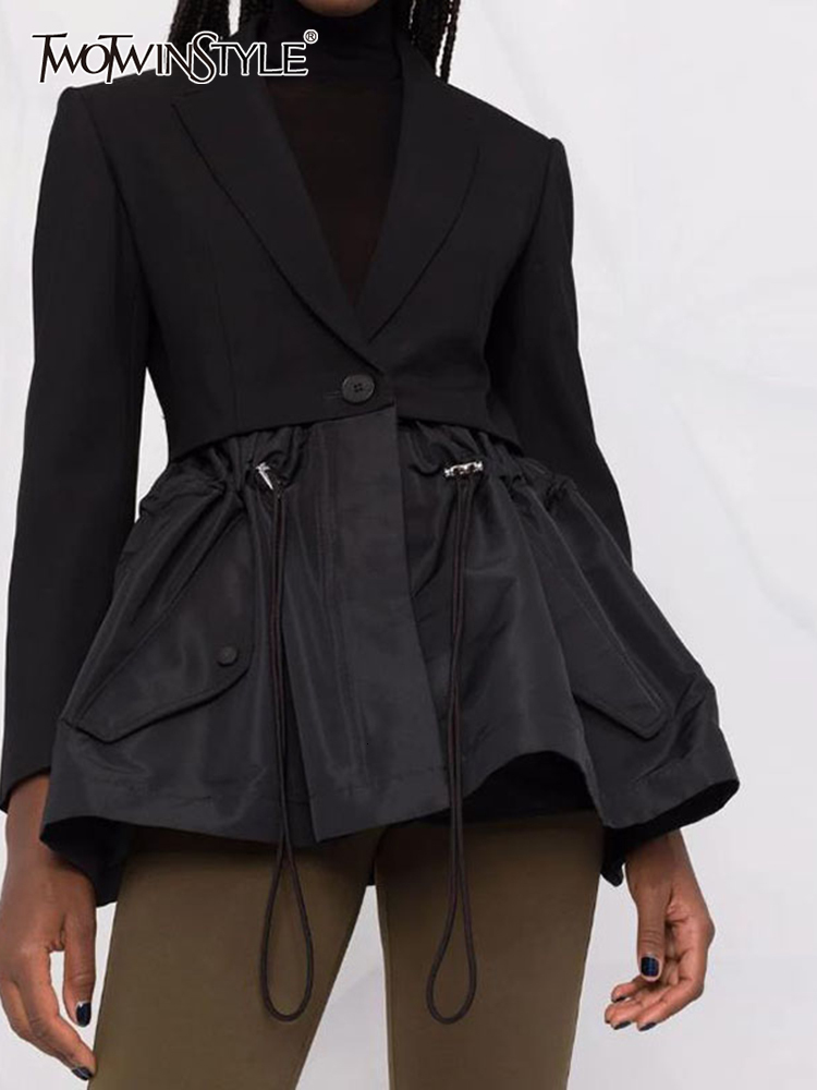 

Womens Suits Blazers TWOTWINSTYLE Black For Women Notched Loose Long Sleeve Single Button Patchwork Ruffle Coats Female Spirng Clothing 230202