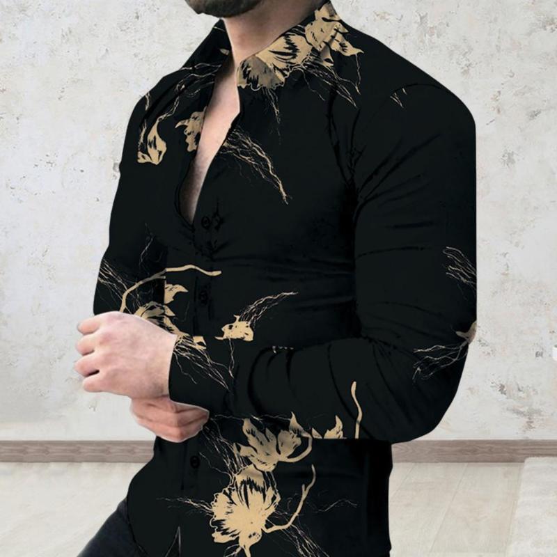 

Men' Casual Shirts Lapel Long Sleeve Single-breasted Men Shirt 3D Digital Print Office Slim Fit Colorfast Anti-Pilling Work For Daily, Black