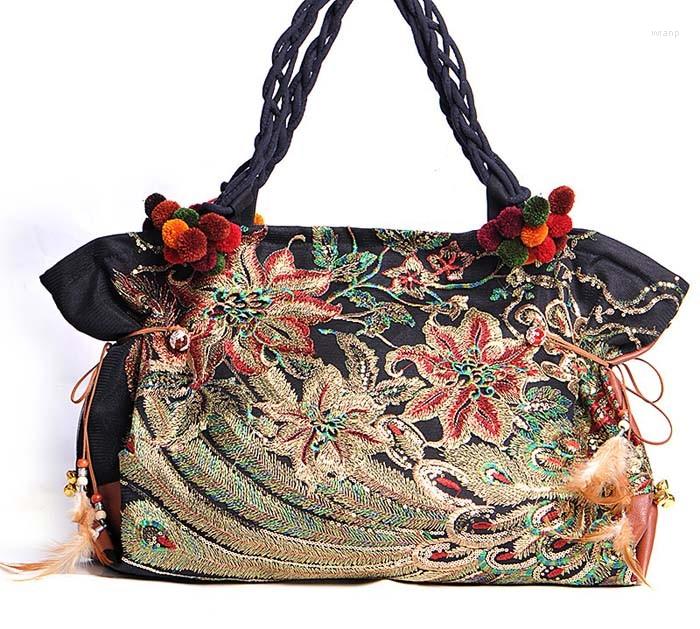

Evening Bags Original Ethnic Style Double Embroidered Women's Bag Fashion Green Peacock Canvas Handmade Sequins Shoulder, Beige
