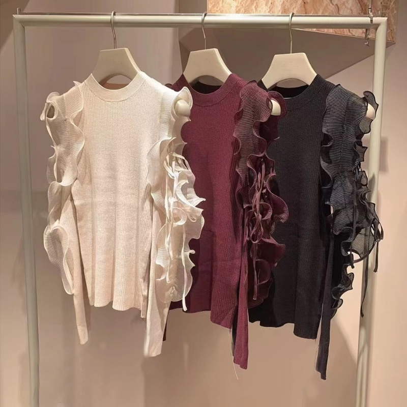 

Women's Sweaters Kuzuwata Sweet Fairy Ruffled Lace Up Off Shoulder Pull Femme Slim Knit Patchwork 2023 JAPAN Autumn Winer Jumpers 230203, Black