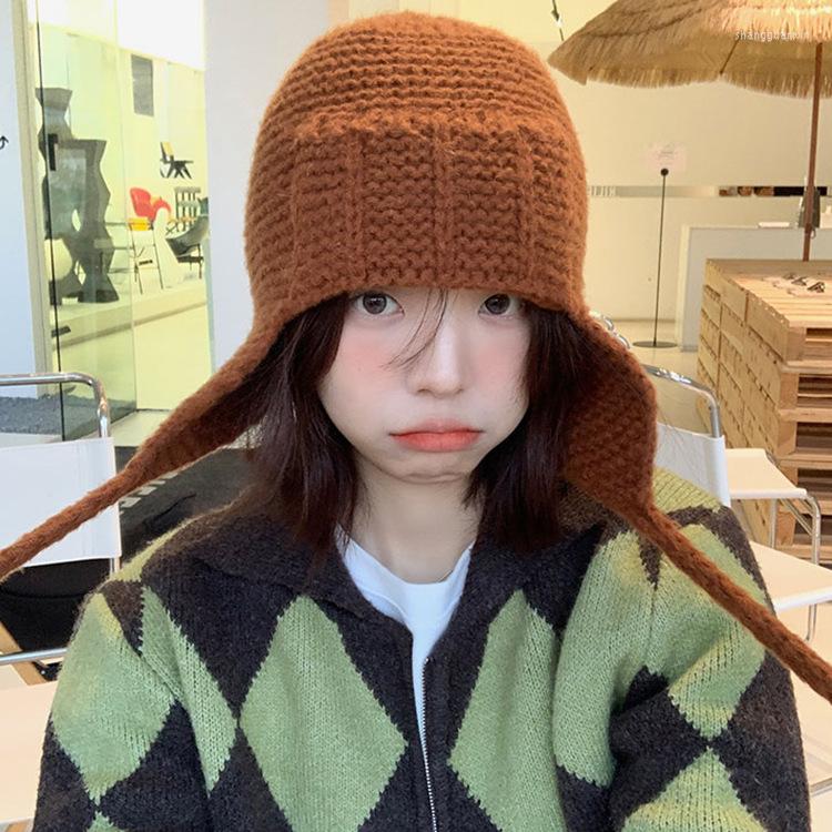 

Berets Korean Japan Style Winter Wool Warm Knit Bomber Bandage Earmuffs Ins Casual Thick Cap Ski Flying Couple For Women Men, Brown