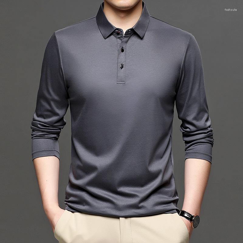 

Men's Polos Mercerized Cotton Long-sleeve Polo Shirt Men Brand Button Gray Poloshirt Man Slim Fit Autumn Quality Tops Plus Size Breathable, Black
