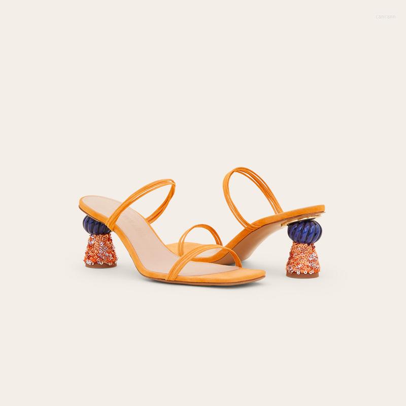 

Dress Shoes Fashion Women Sandals Shining Ball Heel Slip On 7CM Pink Two Strap Summer Gladiator Zapatos Mujer, Pic style