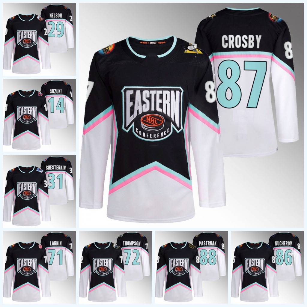 

87 Sidney Crosby 2023 AllStar Eastern Jersey 29 Brock Nelson 72 Tage Thompson 31 Igor Shesterkin 88 David Pastrnak 14 Nick Suzuki 86 Jack Hughes 30 Ilya Sorokin, Youth s-xl