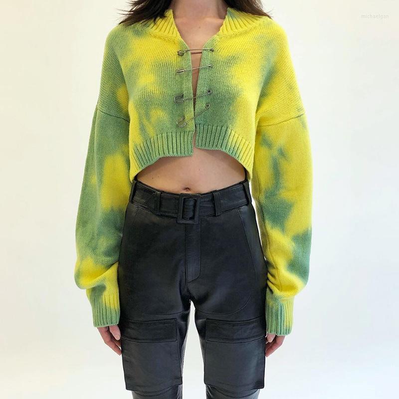 

Women's Knits & Tees Tie-Dye Knit Safety Pin Sweater Yellow Green Tie Dye Cropped Cardigan For Women E-girl Fall Winter Outfits / Mich22, Yellow and green