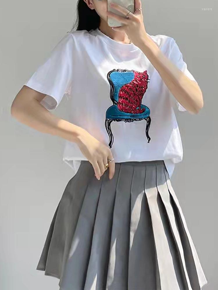 

Women's T Shirts 2023 Summer Embroidered Sequins White Cotton Women Short Sleeve T-Shirt, Strawberries