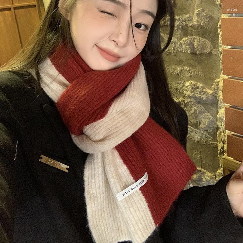 

Scarves Fashion Solid Kintted Winter Scarf For Women Splice Thick Warm Cashmere Neckerchief Elastic Woolen Yarn Skinny Bufanda Foulard