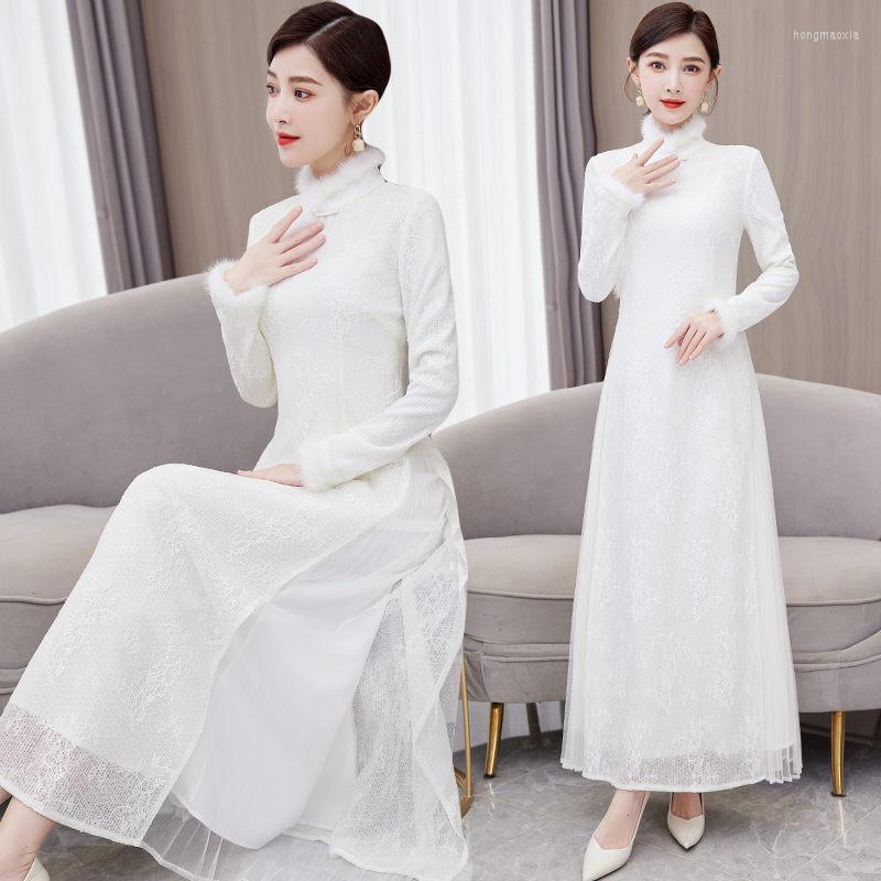 

Casual Dresses Improved Cheongsam Dress Women 2023 High End Autumn And Winter Elegant Retro Chinese Style White For Wedding T118