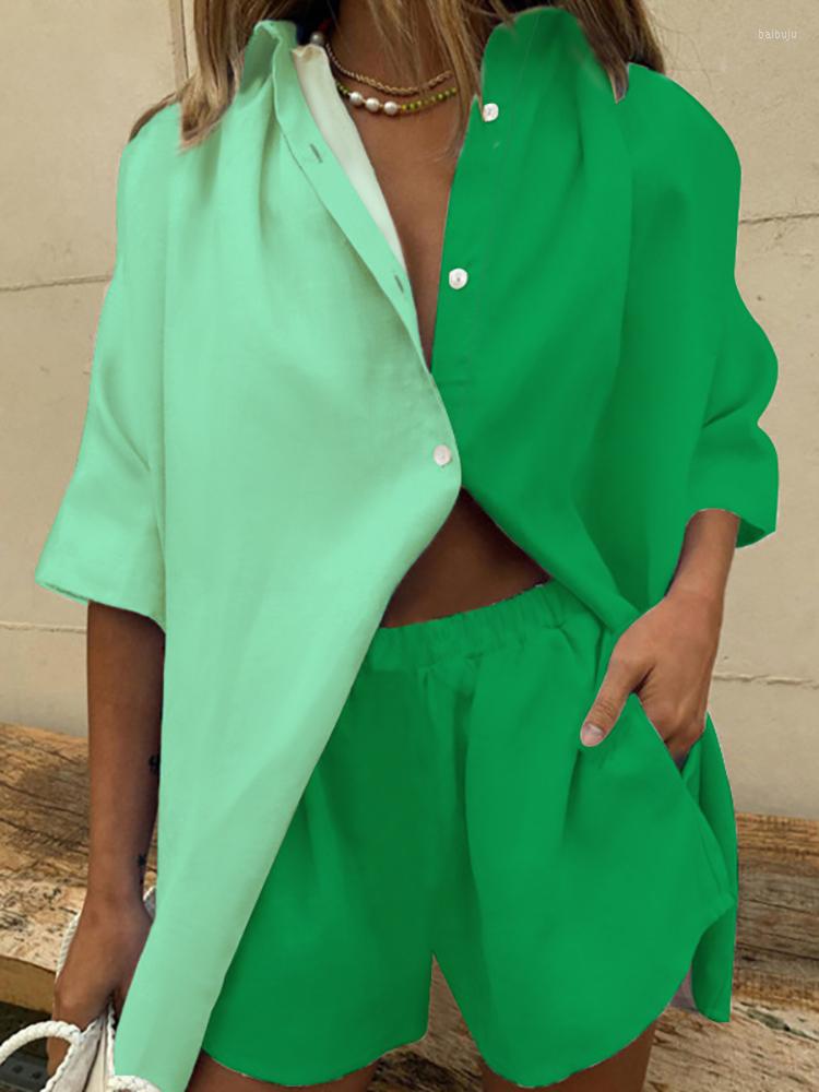 

Work Dresses 2023 Summer Print Two Piece Set Women Turn-down Collar Loose T-shirt And Shorts Casual Office Lady Suit Sets Womens Outfits, Color-1