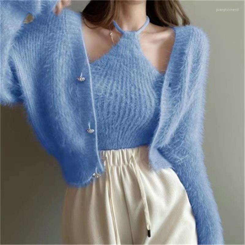 

Women's Knits Halter Knitted Cardigan Sexy Off Shoulder High Waist Short Tops Autumn Winter Mink Fleece Sweater Korean Casual Two Piece Sets, Black