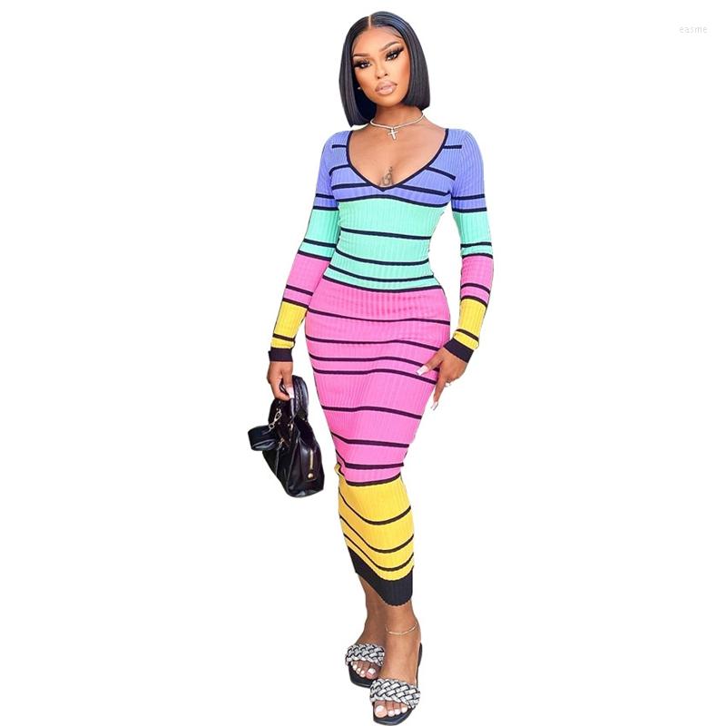 

Casual Dresses STYLISH LADY Contrast Color Striped Printed Dress 2023 Autumn Women Long Sleeve V Neck Backless Bodycon Club Party, Blue