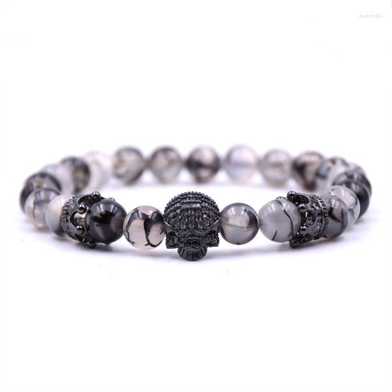 

Strand Men Skull Skeleton Bracelet Natural Gray Stone Beads Micro Pave Zircon Women Handmade Crown Jewelry
