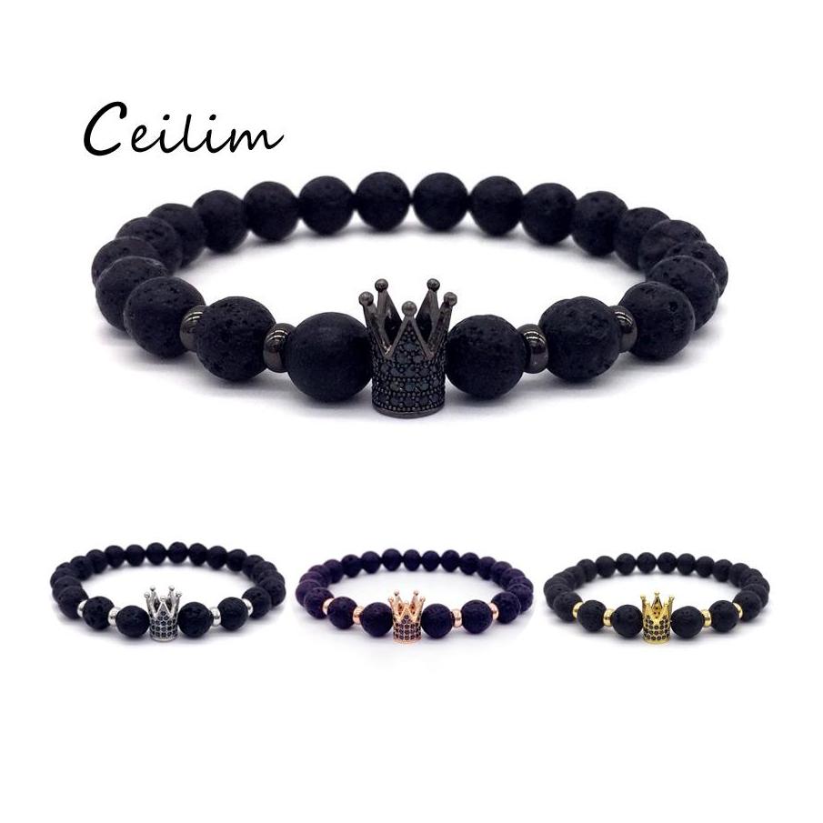 

Beaded Strands Trendy Ball Black Lava Stone Bead Bracelets Pave Cz King Crown And Helmet Charm Bracelet For Men Women Luxury Jewelr Ototl